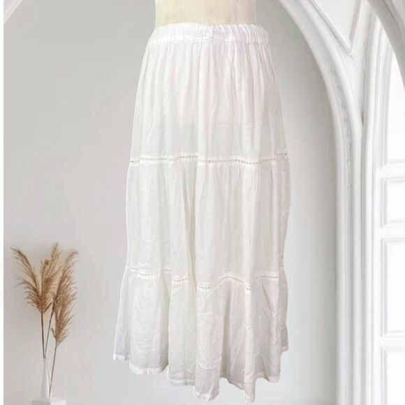 BLAIR 100% Cotton Boho Layered Tiered White Lace Trim Midi Maxi Skirt L - Picture 1 of 5